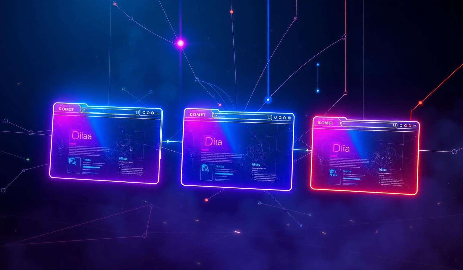 Three glowing AI browser windows labeled Atlas, Comet and Dia floating in a dark cyberpunk space connected by neural network lines