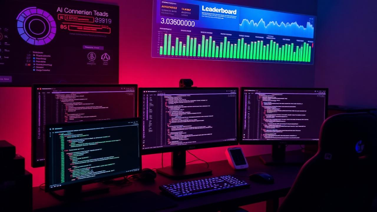 Developer's desk with multiple monitors showing AI code completion suggestions and ranked leaderboard graphics