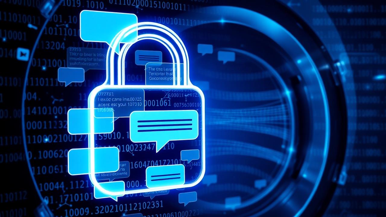 Digital padlock made of chat bubbles and binary streams flowing into a secure vault