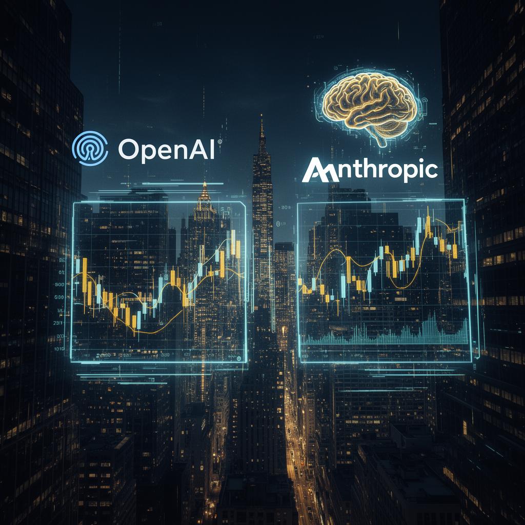 Futuristic Wall Street skyline with holographic AI logos and digital financial data streams in dark blue and gold