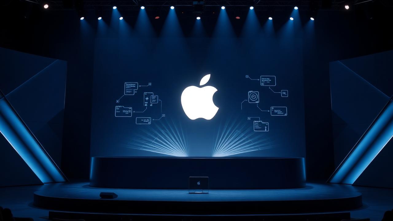 Apple WWDC 2026 keynote stage with glowing Apple logo and floating holographic AI interface panels in deep blue lighting