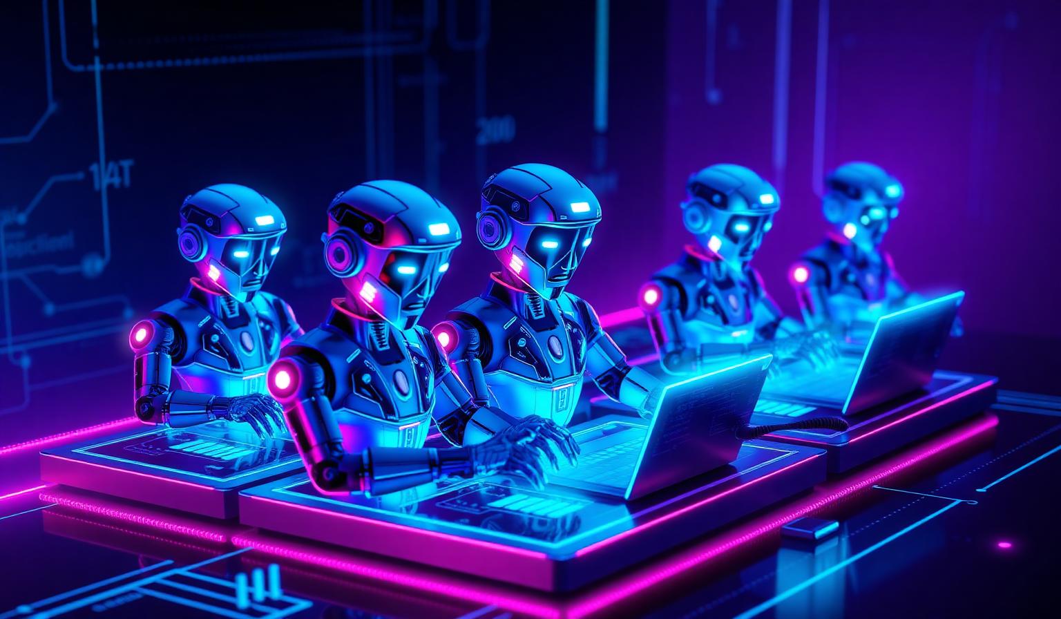 Group of glowing humanoid AI agents working on holographic dashboards in a neon blue and purple futuristic workspace, representing the best autonomous AI agents of 2026