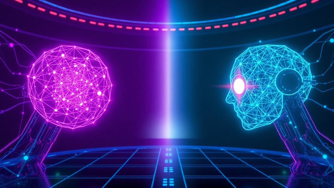 Two glowing neural network orbs facing off in a futuristic arena, representing Claude 4 versus GPT-5