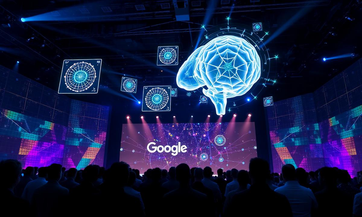 Futuristic holographic AI interfaces floating over a tech conference stage with vibrant blue and green lighting