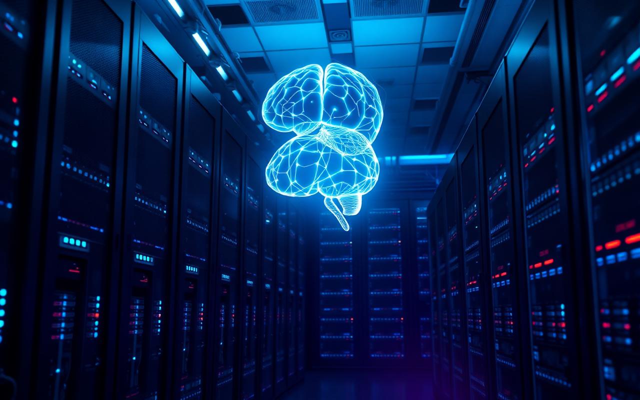 Glowing holographic AI brain over enterprise data center server racks, representing on-premises Grok deployment
