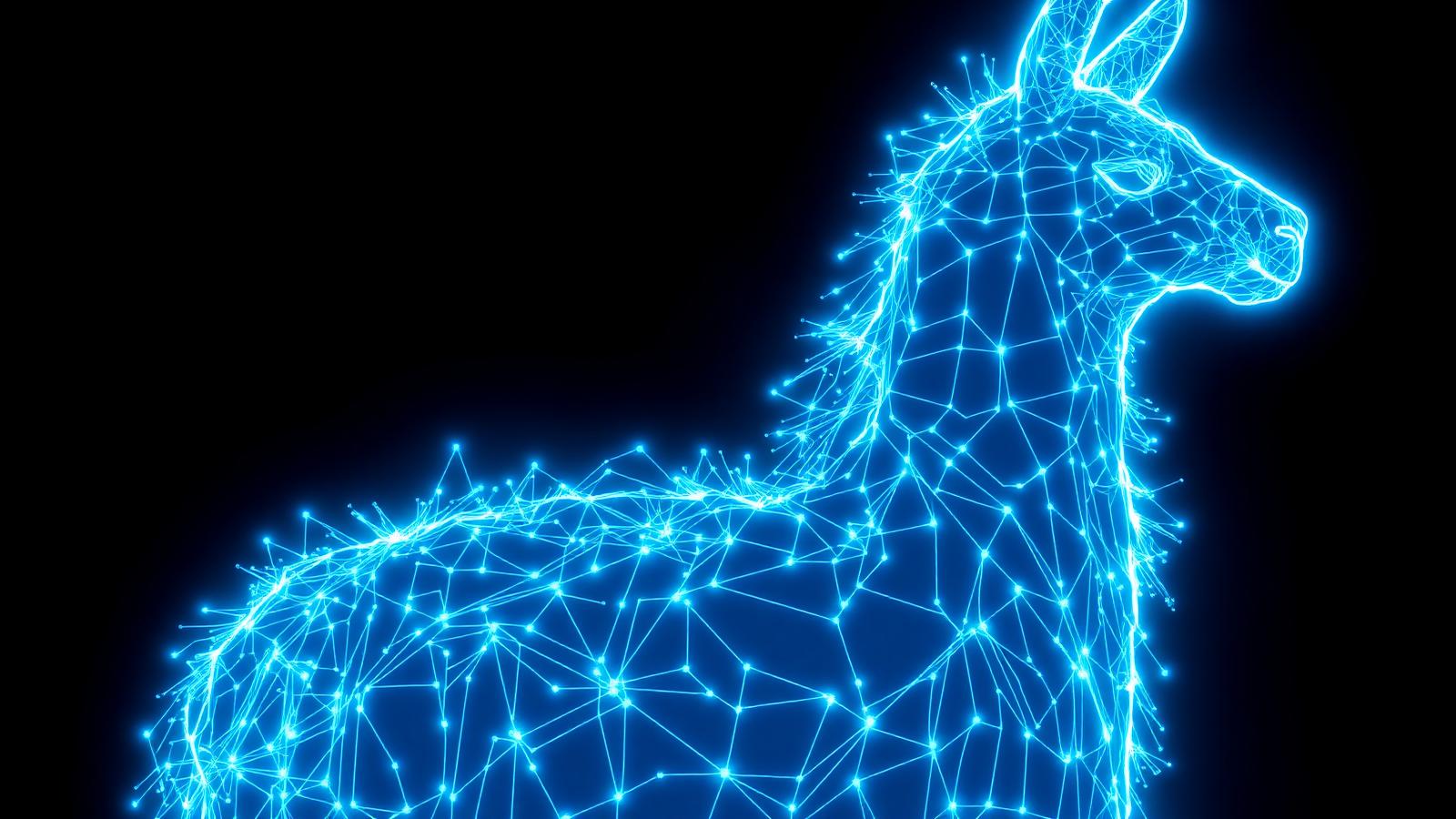 Glowing blue wireframe llama made of neural network nodes on a dark background, representing Meta Llama 4 open-source AI model