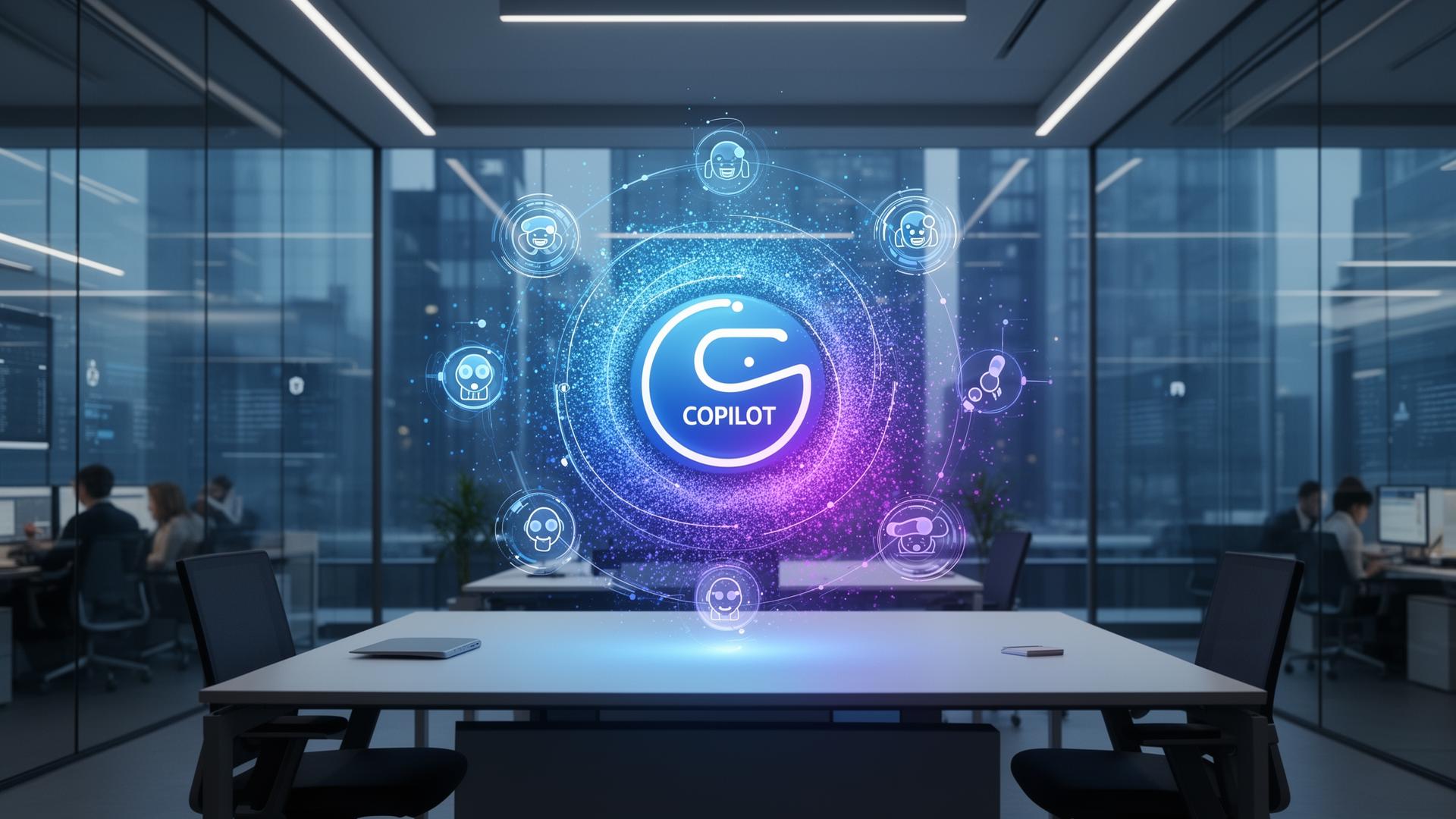 Futuristic corporate office with holographic Microsoft Copilot AI interface and autonomous agent icons orbiting a central dashboard, representing Copilot Agent Mode 2026