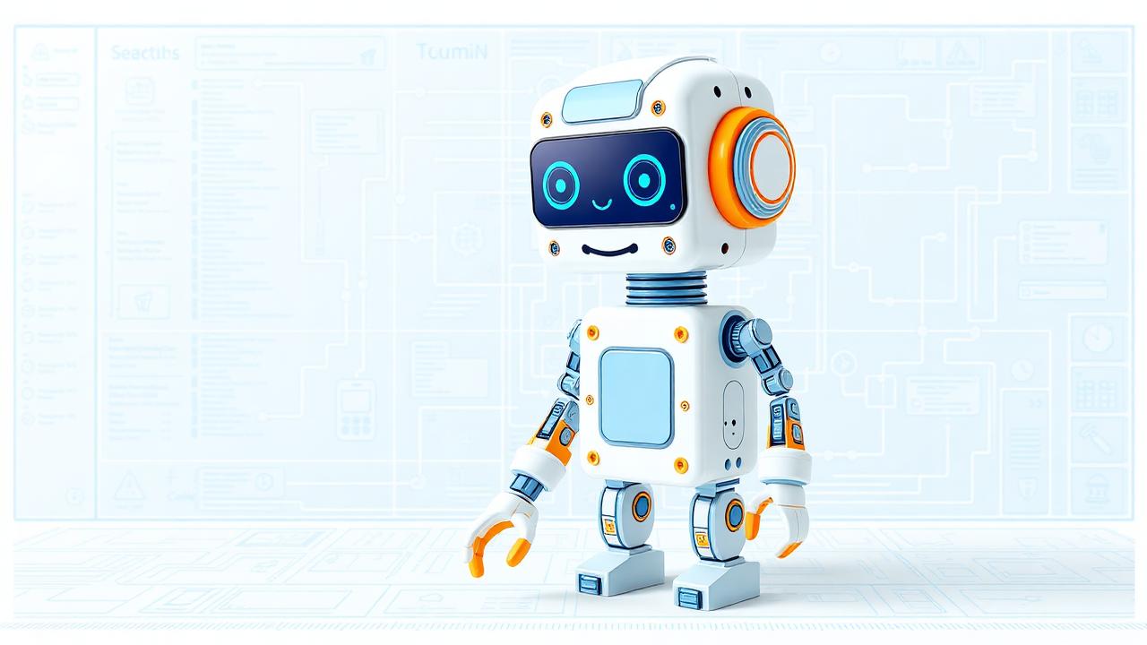 Friendly humanoid AI robot building blocks of code and workflow nodes on a clean blueprint