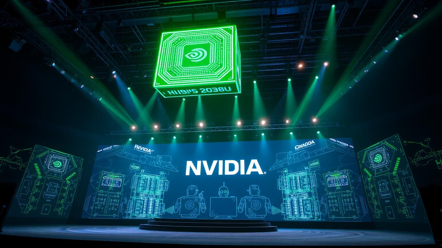 NVIDIA Computex 2026 keynote stage with glowing green Rubin GPU chip and holographic robotics visualizations in dark blue lighting