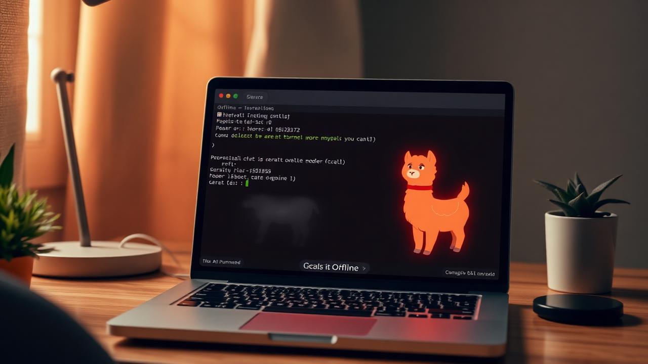 Laptop running a local AI model offline with Ollama prompts and a llama mascot