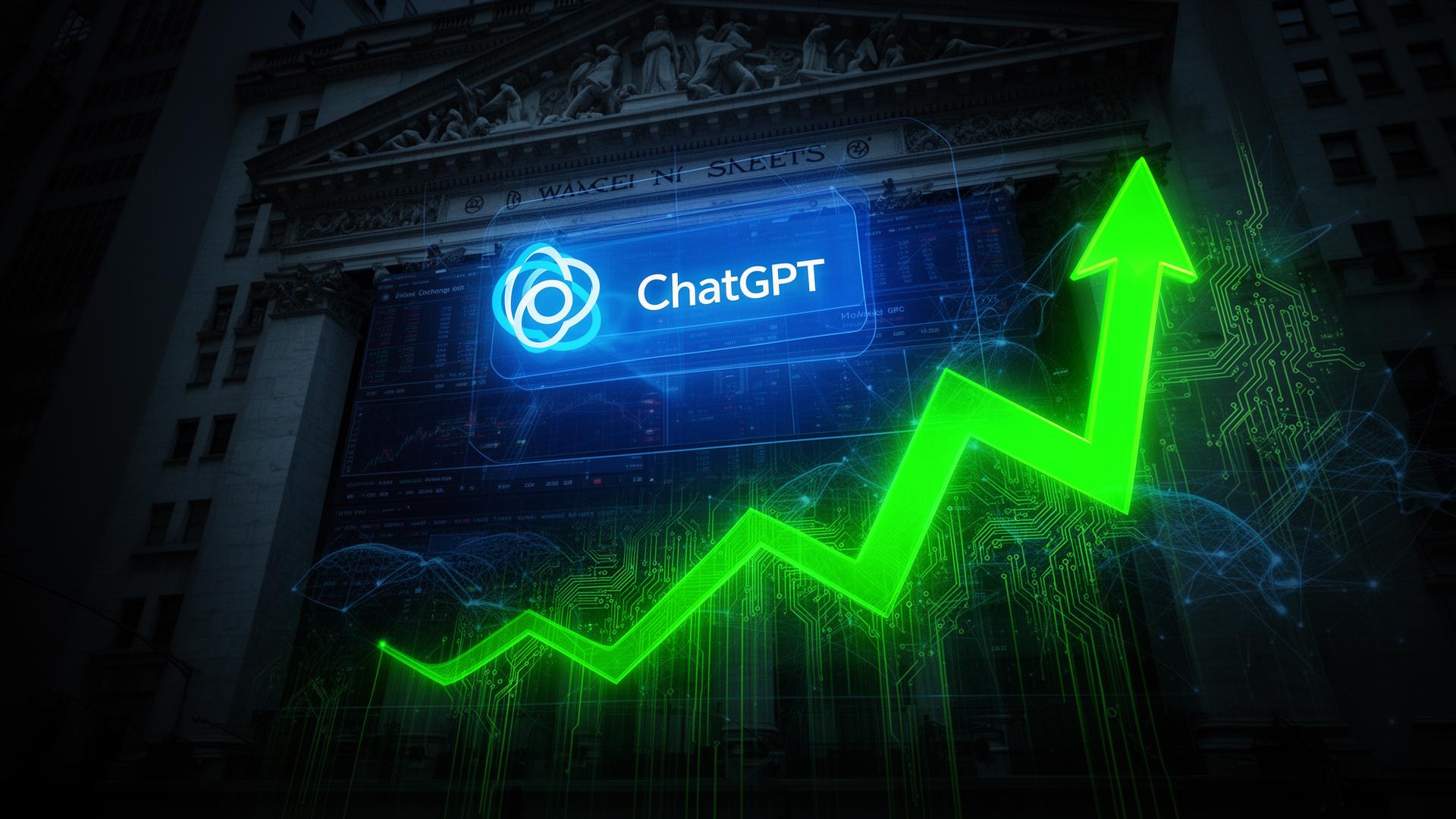Wall Street stock exchange building with glowing OpenAI logo hologram and green upward stock arrows, representing OpenAI IPO filing in 2026