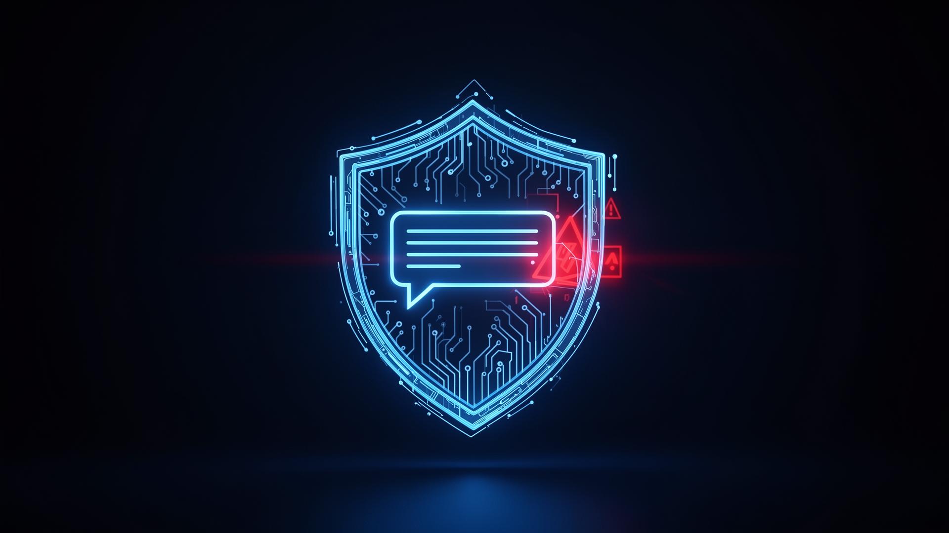 A glowing blue digital shield made of circuit lines protecting a chat interface, with red warning signals being blocked, representing AI prompt injection protection