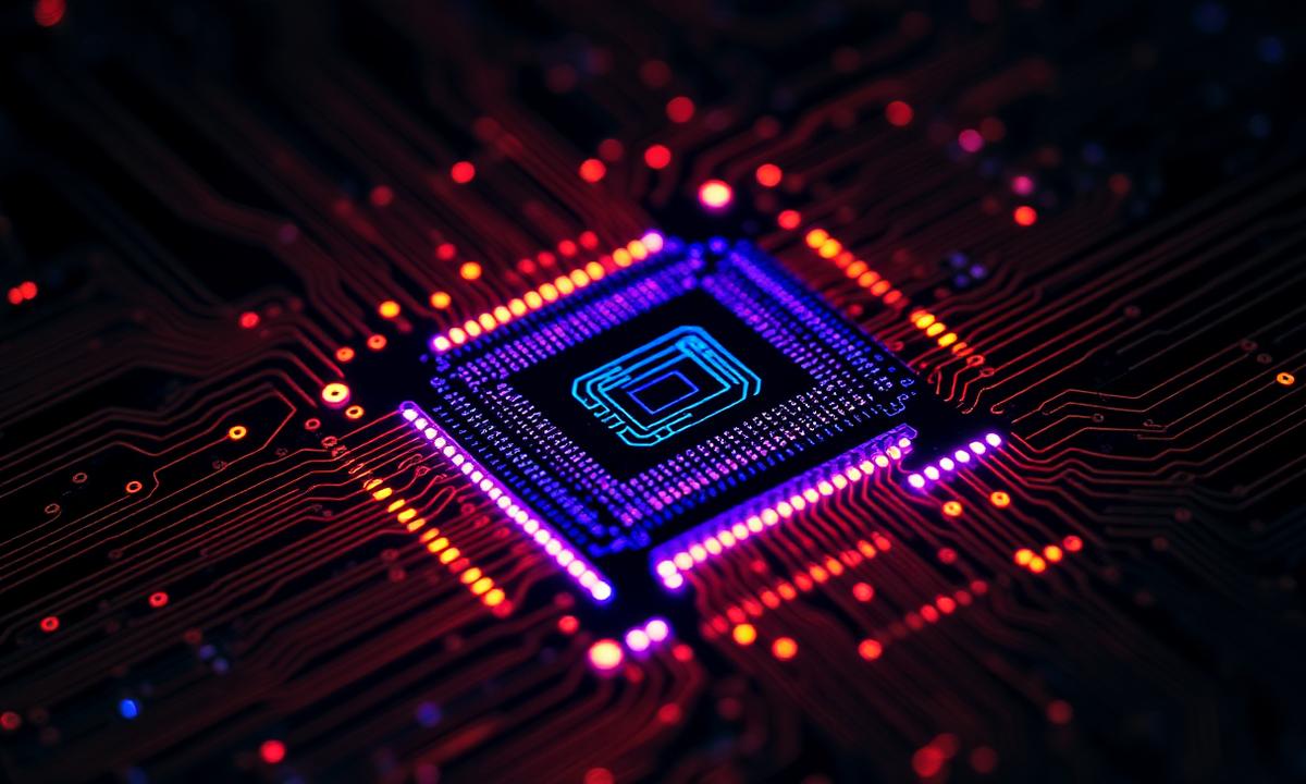 Close-up of a glowing quantum computing chip with red and indigo circuits